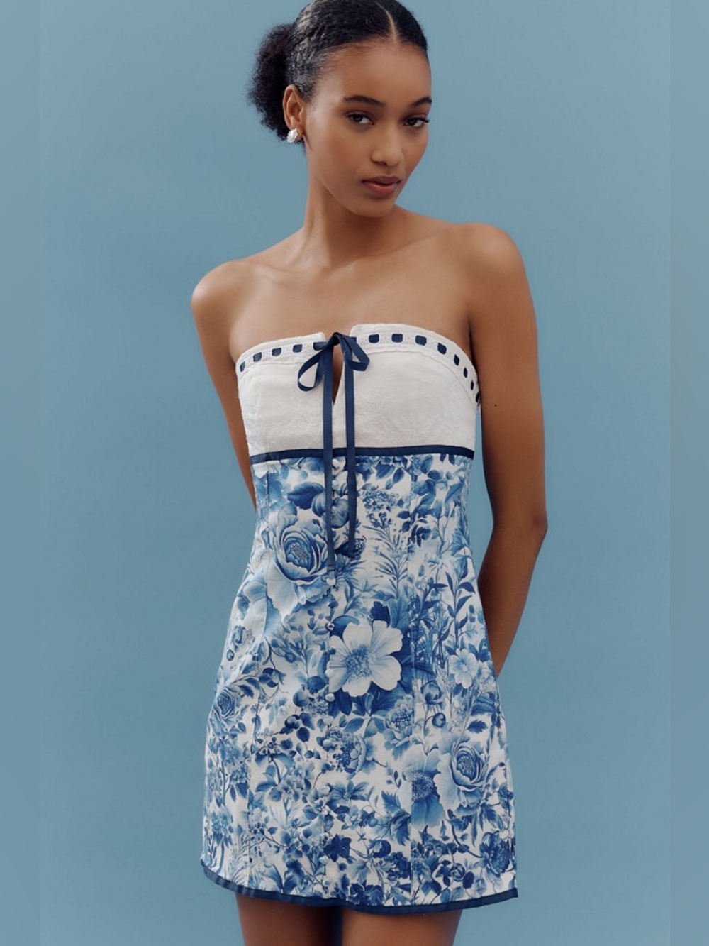 Maeve Anthropologie Strapless Tie-Front Mini Dress - Blue Floral